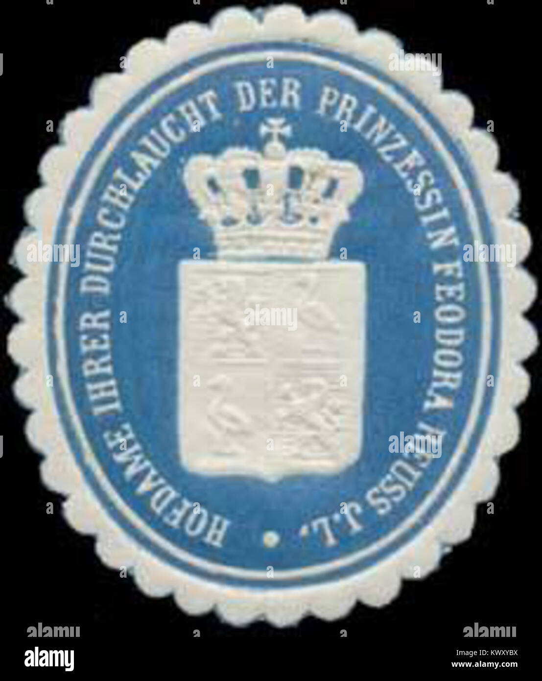 Dieses Siegelzeichen repräsentiert die Hofdame ihrer ruhigen Hoheit, Prinzessin Reuss, Junior Line, die für persönliche oder gerichtliche Korrespondenz unter Adelsverwaltung verwendet wird. Stockfoto