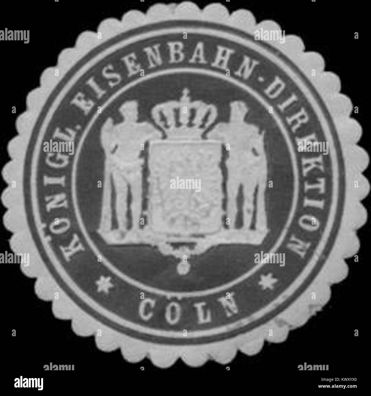 Siegel der Königlichen Eisenbahndirektion in Köln, Deutschland, verwendet für amtliche Unterlagen über Eisenbahnmanagement, Bau und Verkehrsverwaltung unter dem preußischen Staat. Stockfoto