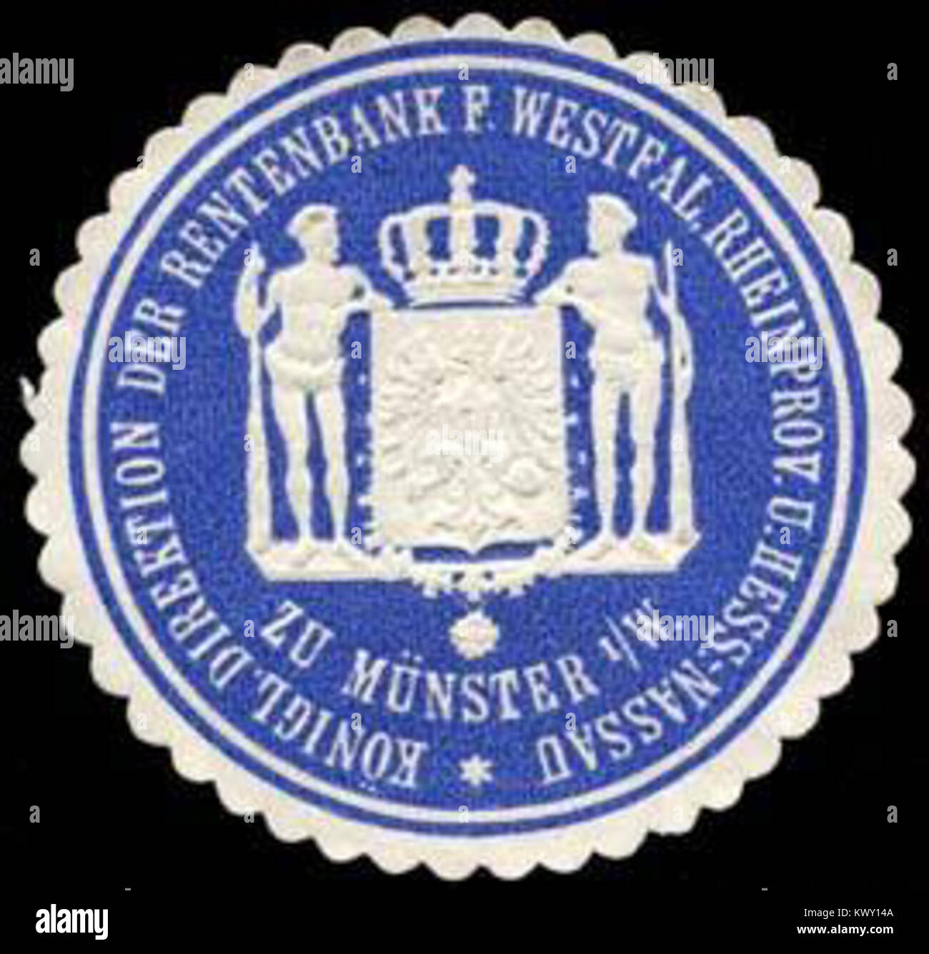 Eine Siegelmarke der Königlichen Direktion der Rentenbank für Westfalen, Rheinprovinz und Hessen-Nassau mit Sitz in Münster, Deutschland, Vertretung der Finanzverwaltung. Stockfoto