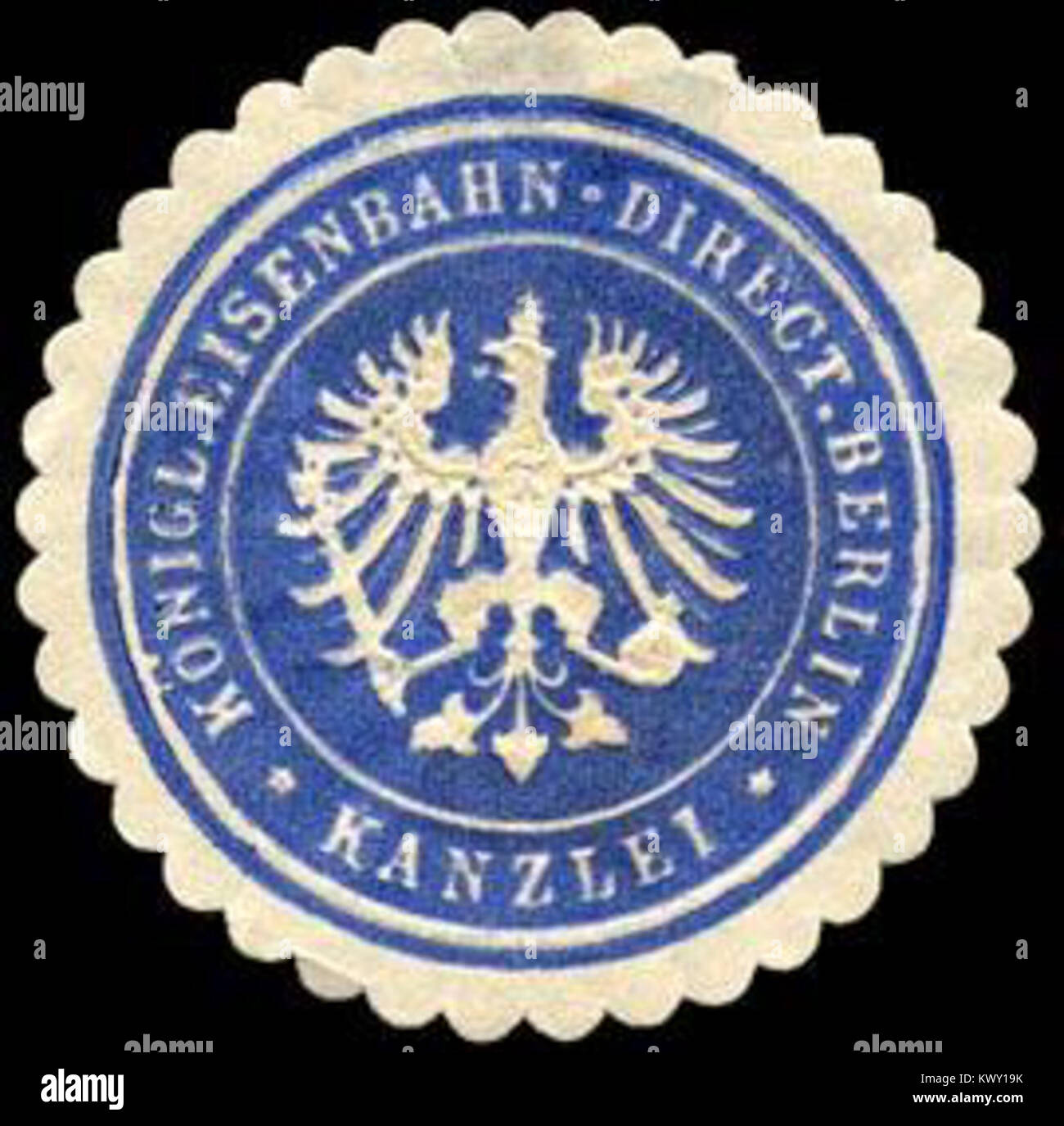 Ein historischer Hinweis auf ein Königsbahnsiegel aus dem Berliner Büro, das die Verwaltung des Königsbahnsystems in Deutschland dokumentiert. Stockfoto