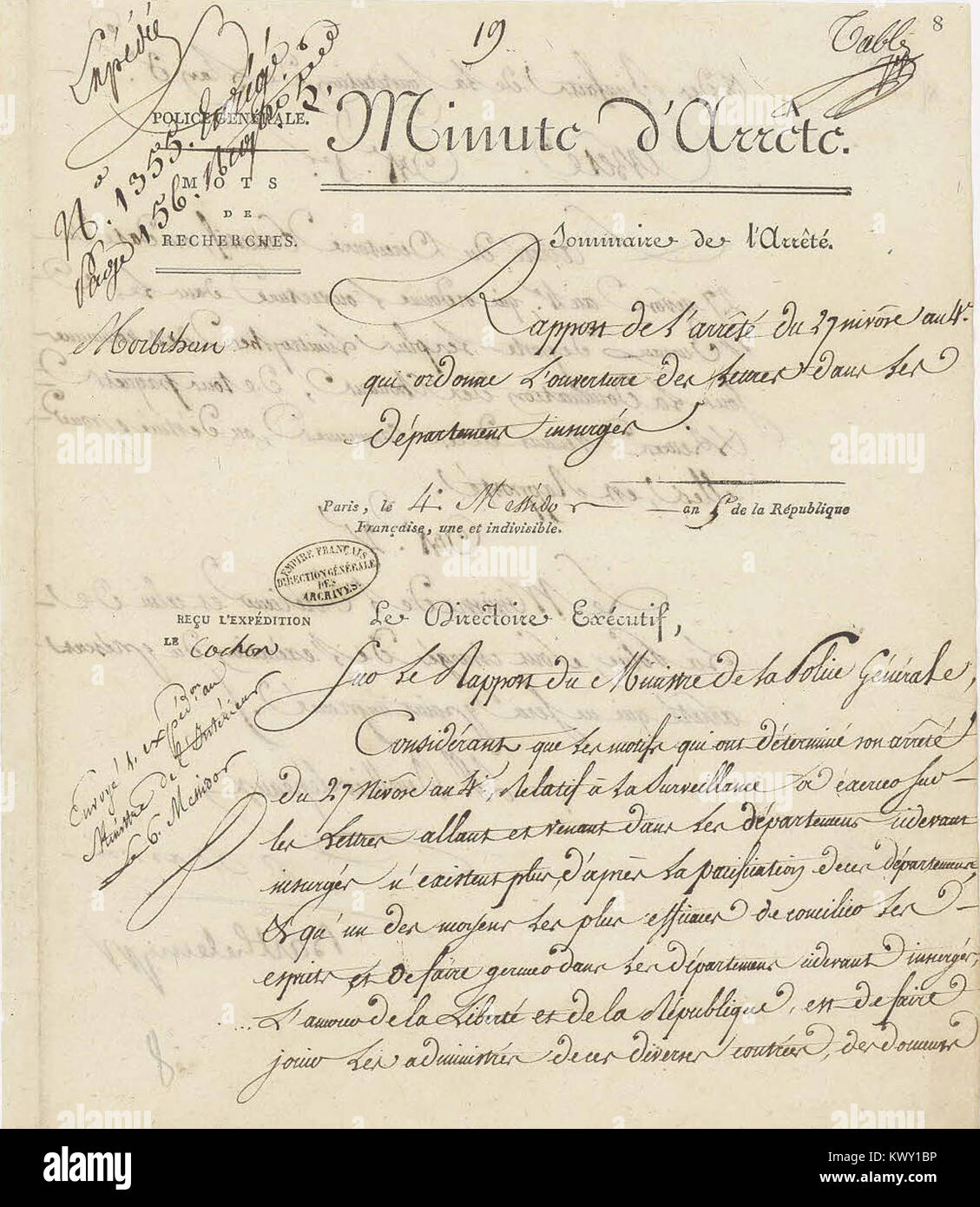 Minute d'arrêté du Directoire exécutif rapportant un Arrêté du 27 nivôse ein IV (17 Januar 1796) - Archives nationales-AF-III-454 - (1) Stockfoto