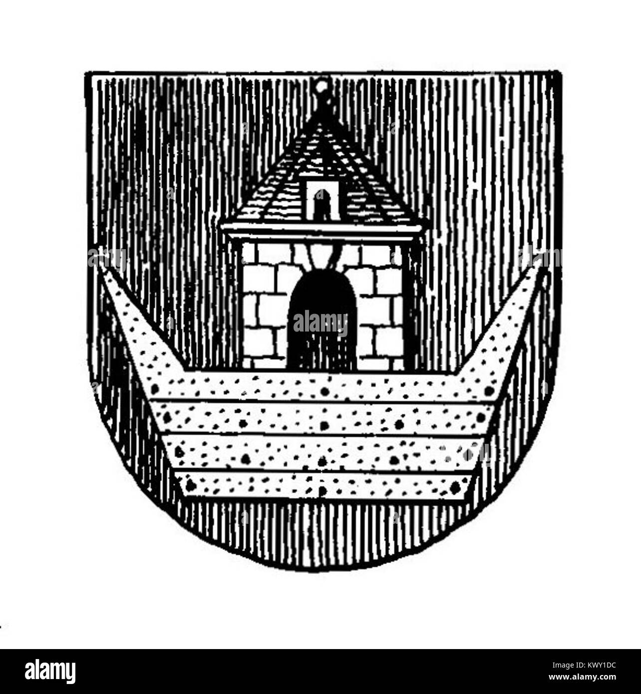 Das Wappen von Miłosław, wie es Vossberg 1866 beschrieb, repräsentiert heraldische Symbole und künstlerische Traditionen, die die adlige und regionale Identität Polens des 19. Jahrhunderts widerspiegeln. Stockfoto