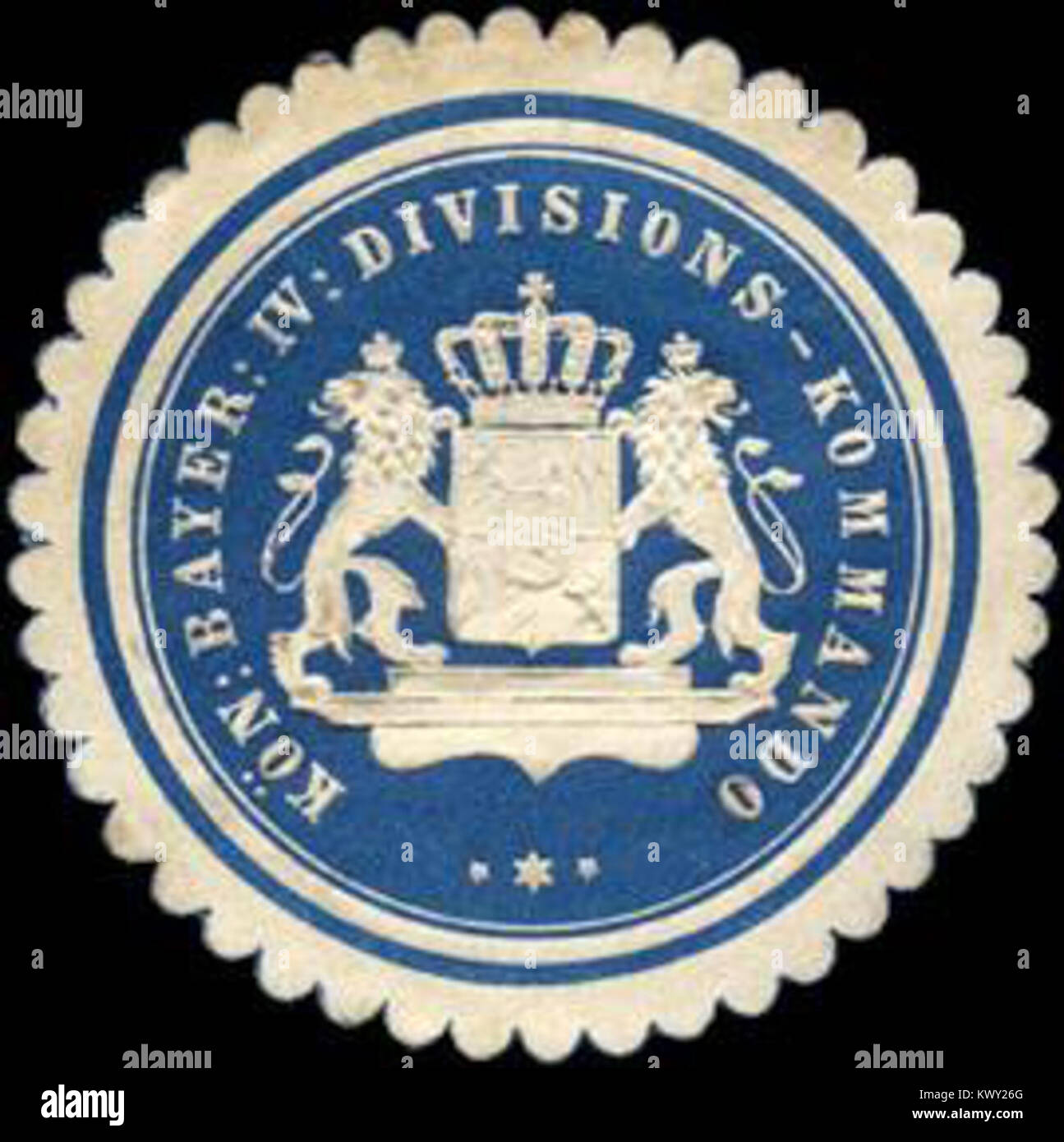 Ein Siegel des Königlich Bayerischen IV. Divisionskommandos, Deutschland, das die militärische Autorität, die Organisationsführung und die amtliche Dokumentation der Division repräsentiert. Stockfoto
