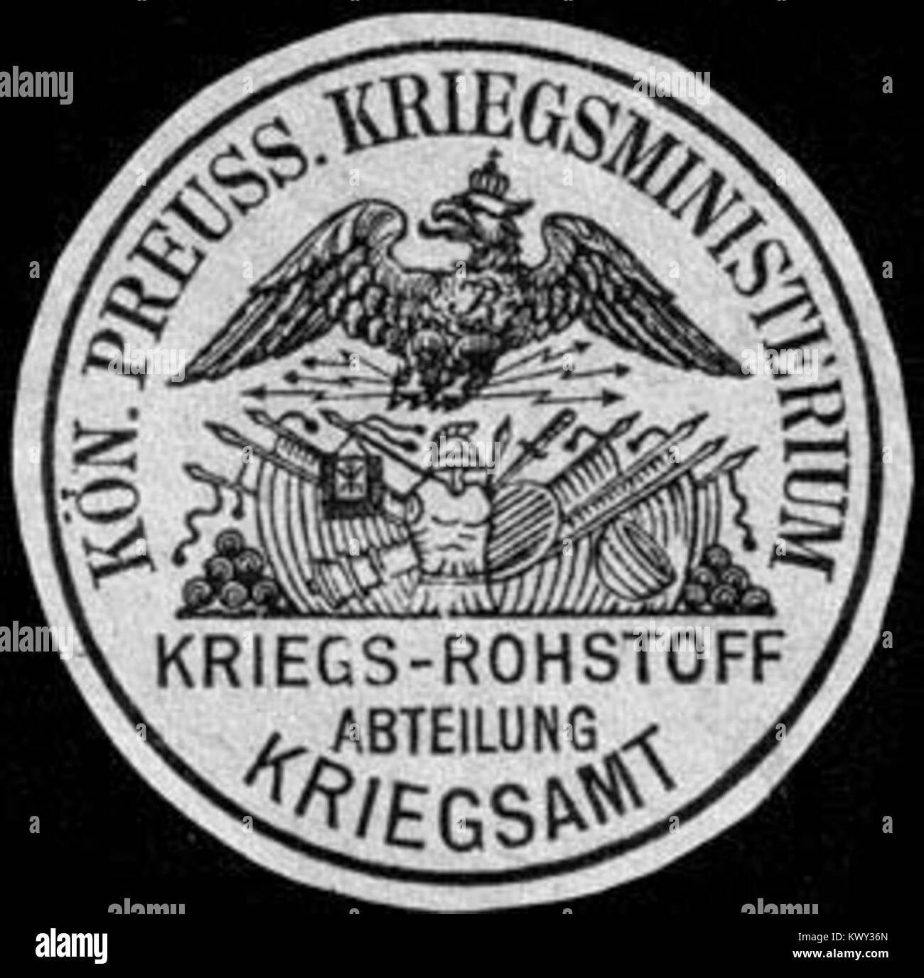 Das Preußische Kriegsministerium-Siegel der Kriegrohstoffabteilung repräsentiert Militärverwaltung und Kriegsfunktionen in Preußen des 19. Jahrhunderts Stockfoto