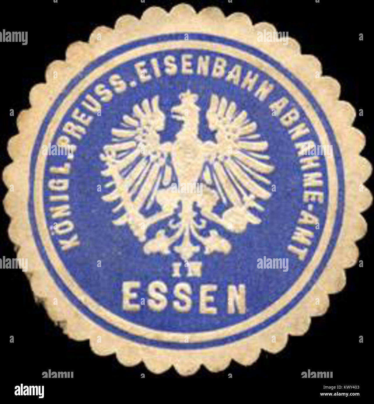 Siegel des Königlich Preußischen Eisenbahnabnahmeamtes in Essen, das für die amtliche Eisenbahnverwaltung und die Inspektionsunterlagen verwendet wurde. Stockfoto