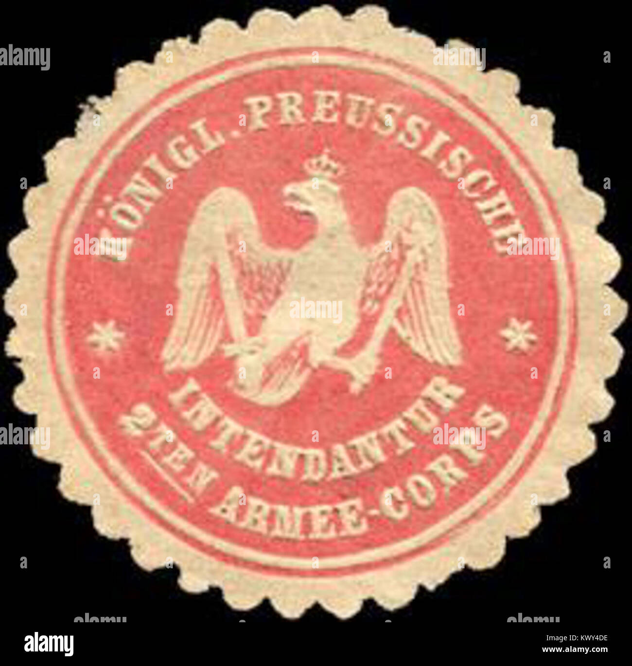Dieses Siegel ist mit der Königlich Preußischen Intendantur des 2. Armeekorps verbunden und spiegelt seine Rolle in der Logistik und dem Versorgungsmanagement für das preußische Militär wider. Stockfoto