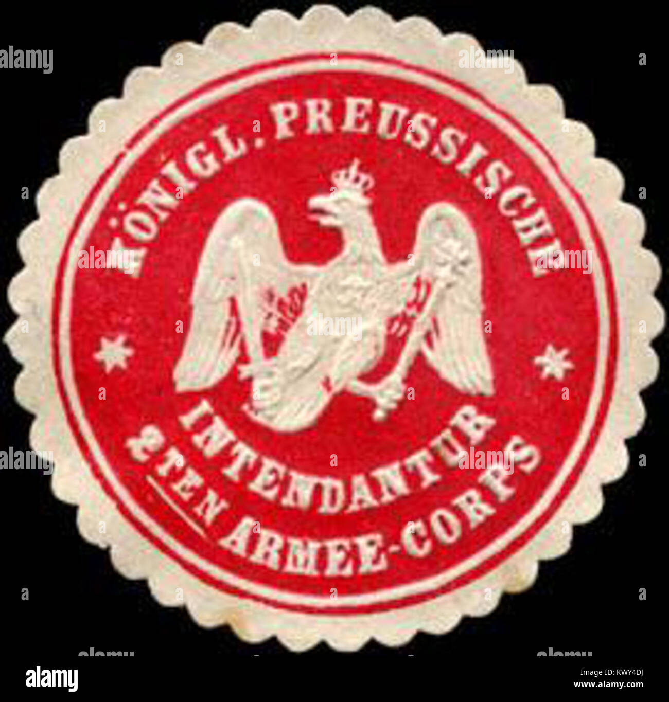 Die Siegelmarke der Königlich Preußischen Intendantur des 2. Armeekorps stellt die Militärverwaltung der preußischen Armee im 19. Jahrhundert dar, die für die offizielle militärische Korrespondenz genutzt wurde. Stockfoto
