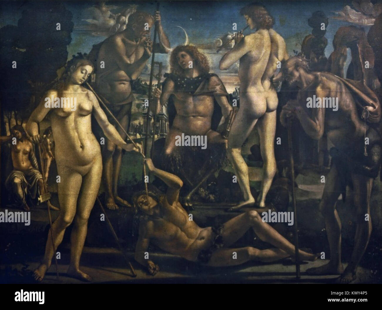 Gemälde „Pan“ von Luca Signorelli, das die mythologische Figur Pan im künstlerischen Stil der Renaissance darstellt. Stockfoto
