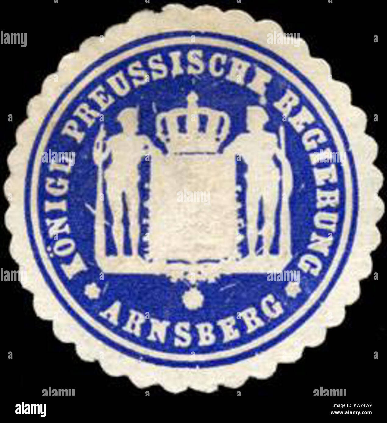 Siegel der Königlich-Preußischen Regierung in Arnsberg, Deutschland, das die offizielle Verwaltungsbehörde und Dokumentation aus der preußischen Ära vertritt. Stockfoto