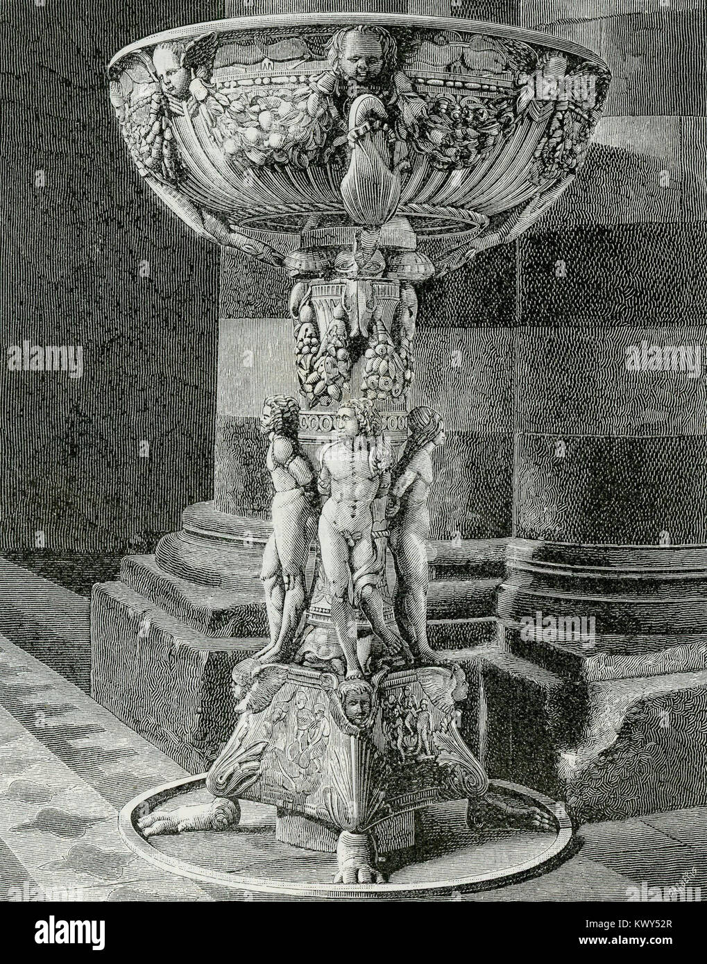 Dies ist ein Holzstich (xilografia), der die Pila dell’Acqua Santa oder das Weihwasserbecken in der Kathedrale von Siena (Duomo di Siena) in Italien darstellt und das detaillierte Marmordesign des Beckens zeigt. Stockfoto