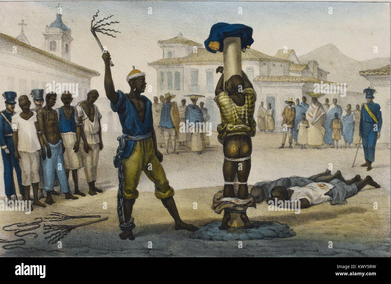 Dieses Werk von Jean-Baptiste Debret zeigt die Ausführung von Körperstrafen, insbesondere Auspeitschungen, in Brasilien während des 19. Jahrhunderts und spiegelt die historischen Praktiken dieser Zeit wider. Stockfoto