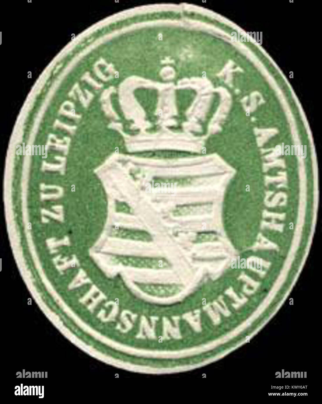 Dieser Titel bezieht sich auf eine Siegelmarke der Königlich Sächsischen Amtshauptmannschaft in Leipzig, katalogisiert als W0234496. Es handelt sich um ein historisches Verwaltungsdokument aus Deutschland. Stockfoto