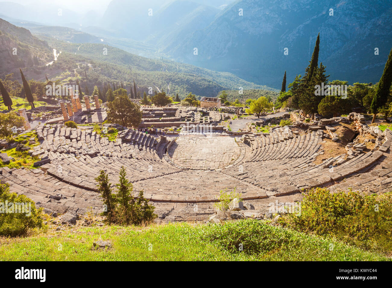 Das antike Theater von Delphi. Delphi war eine wichtige antike griechische religiöse Heiligtum der Heiligen zu dem Gott Apollo. Stockfoto