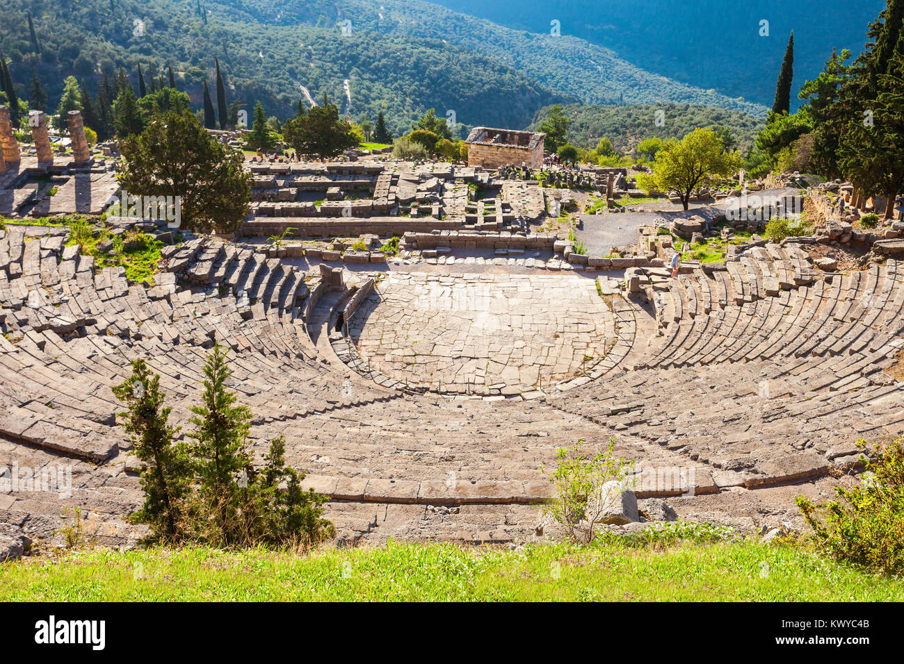 Das antike Theater von Delphi. Delphi war eine wichtige antike griechische religiöse Heiligtum der Heiligen zu dem Gott Apollo. Stockfoto
