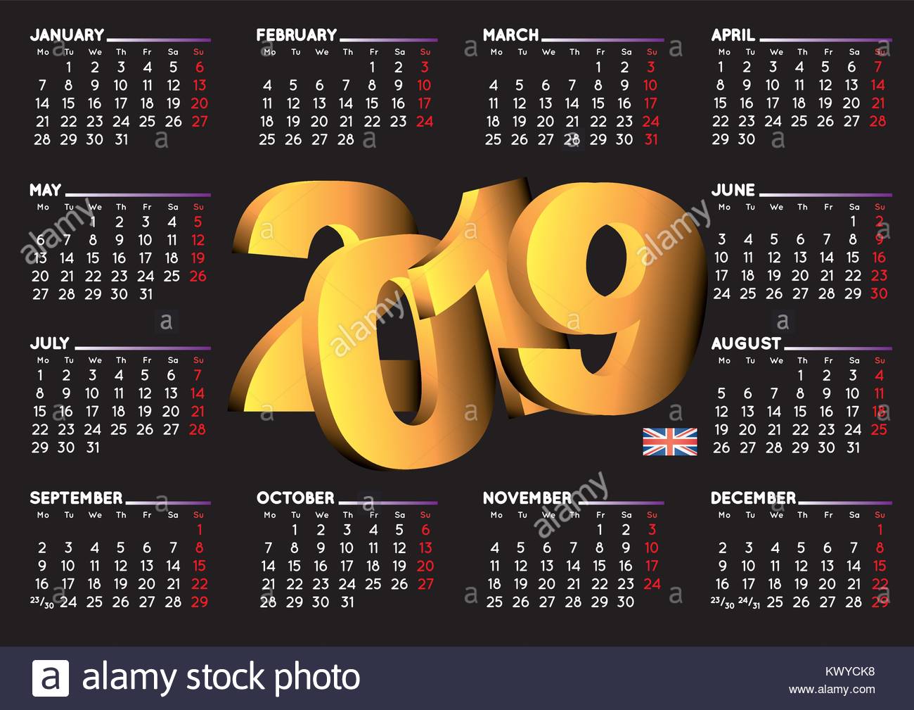 2019 Schwarz Kalender In English Uk 2019 Kalender Kalender 2019