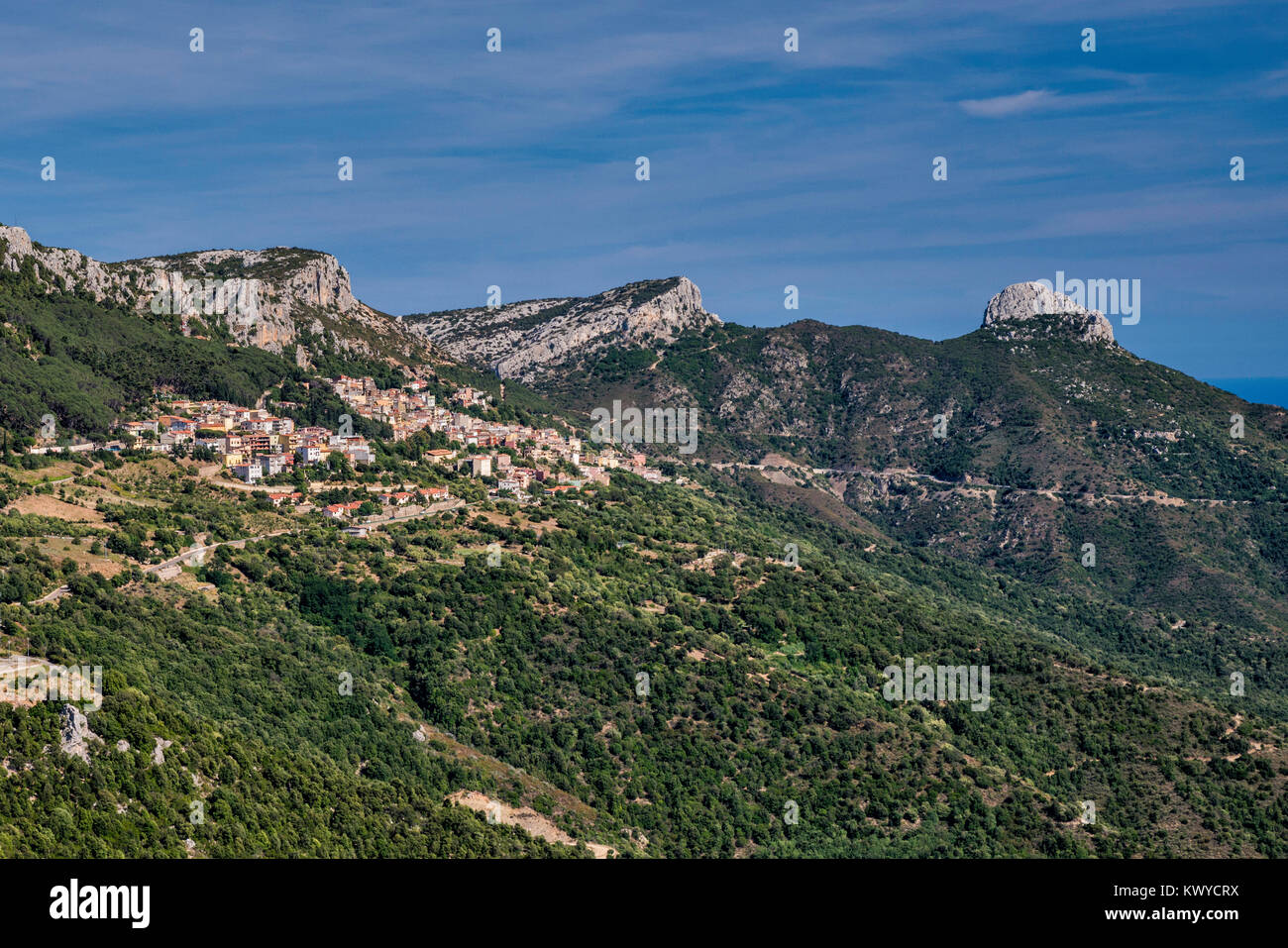 Stadt von Baunei, Monte Oro im Zentrum, Region Ogliastra, Provinz Nuoro, Sardinien, Italien Stockfoto