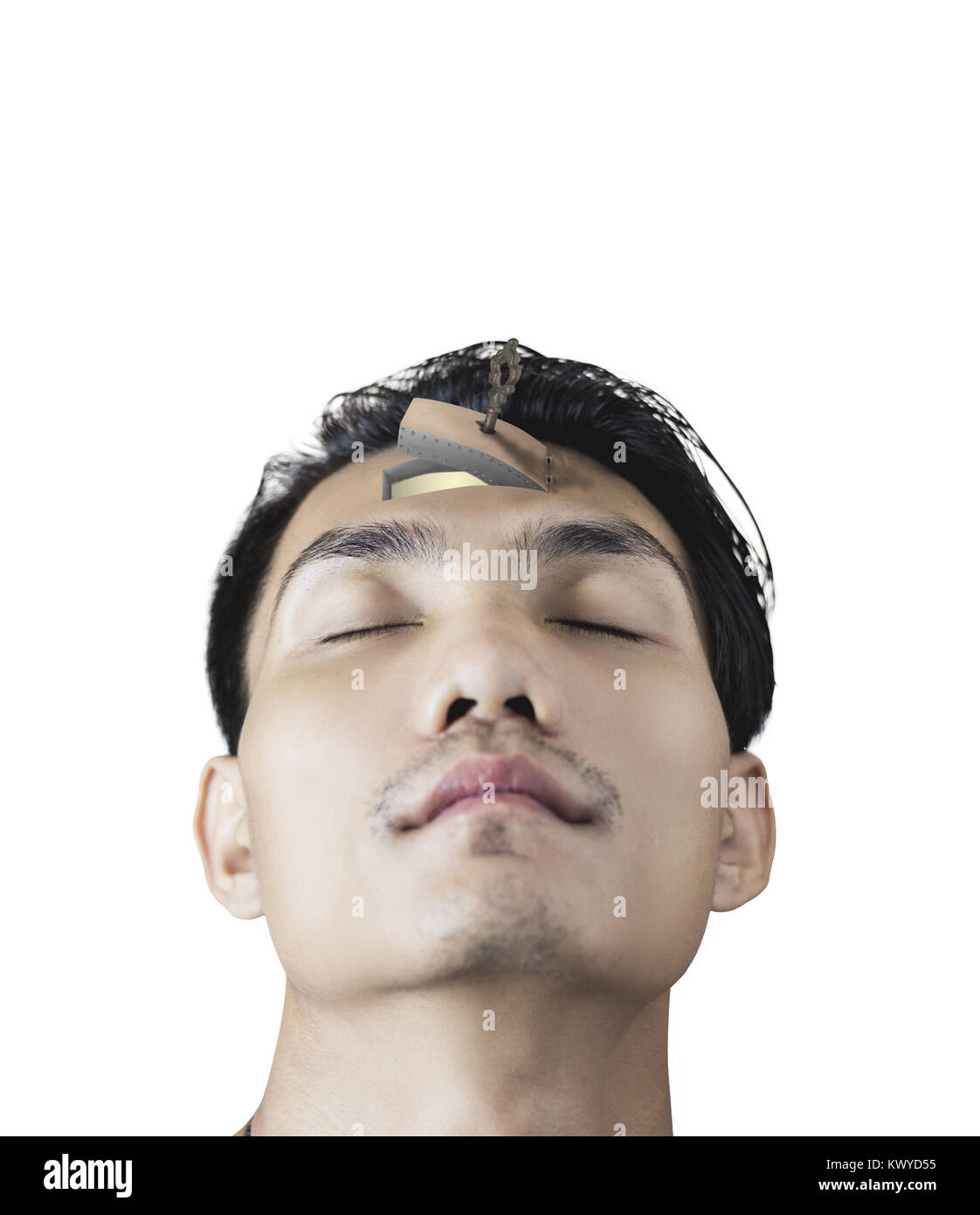 Weiß isoliert asiatischer Mann Gesicht und Tür mit Schlüssel öffnen auf der Stirn kreatives Denken Konzept Stockfoto