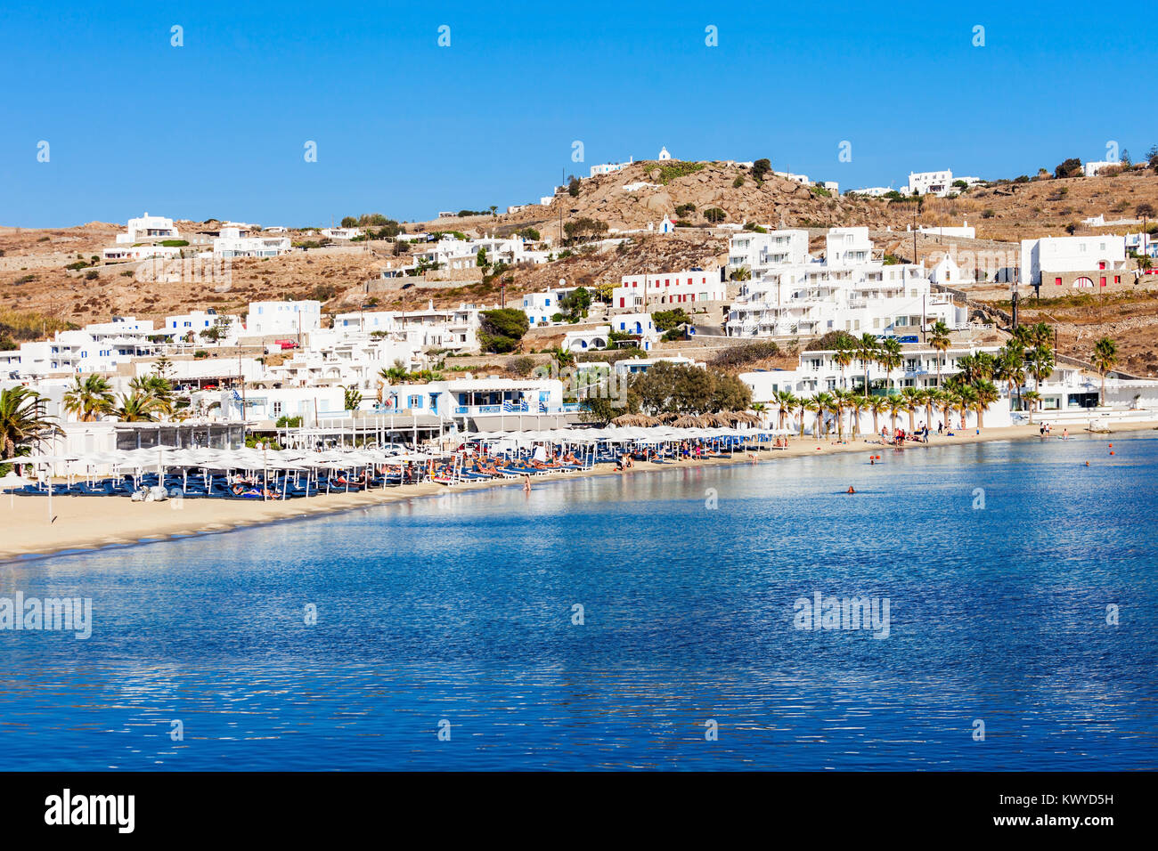 Ornos Beach auf der Insel Mykonos, Kykladen in Griechenland Stockfoto