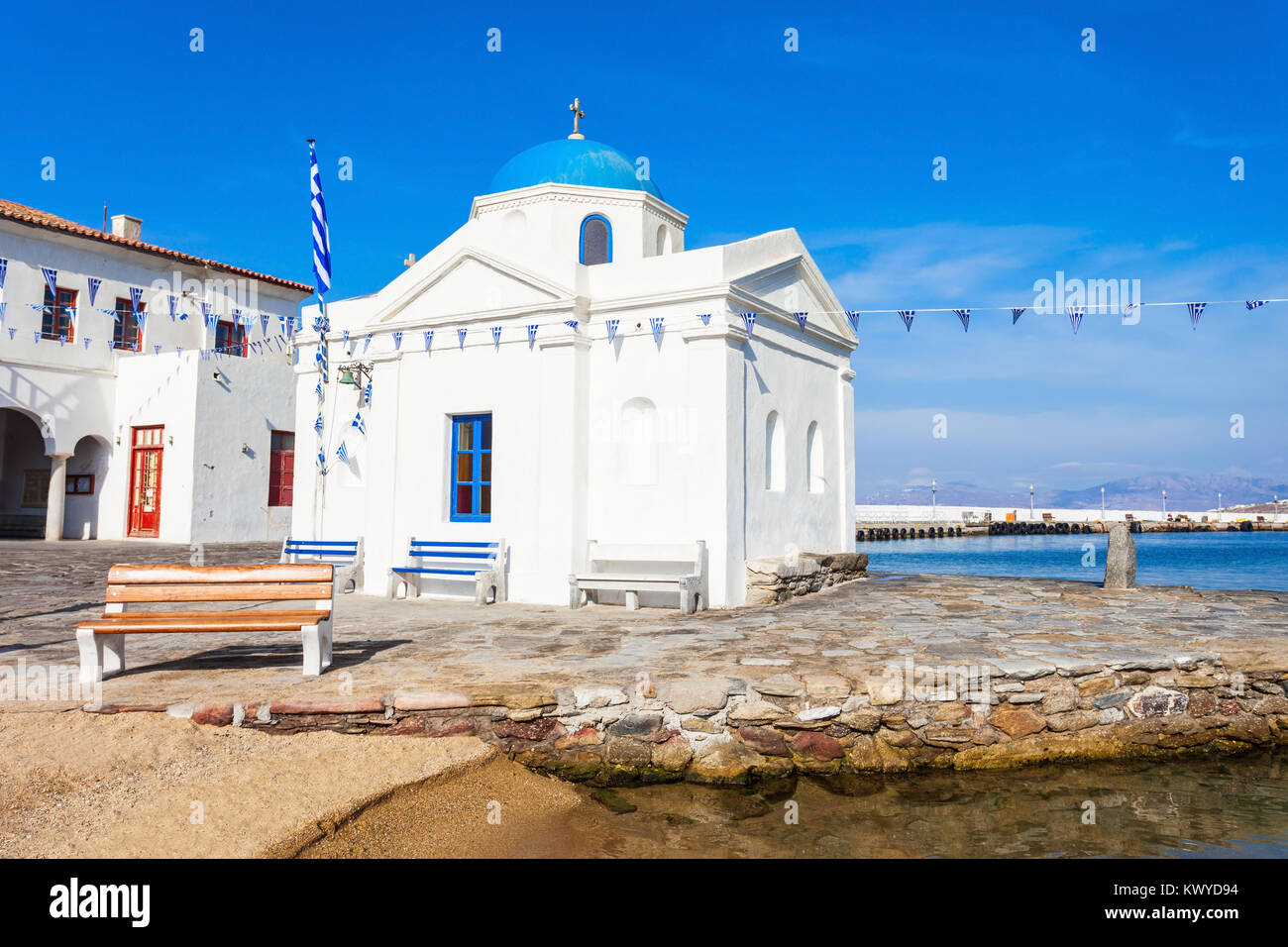 Agios Nikolaos Kirche, Insel Mykonos in Griechenland. Diese Kirche ist eine der wenigen post-byzantinischen Kirchen der Insel. Stockfoto