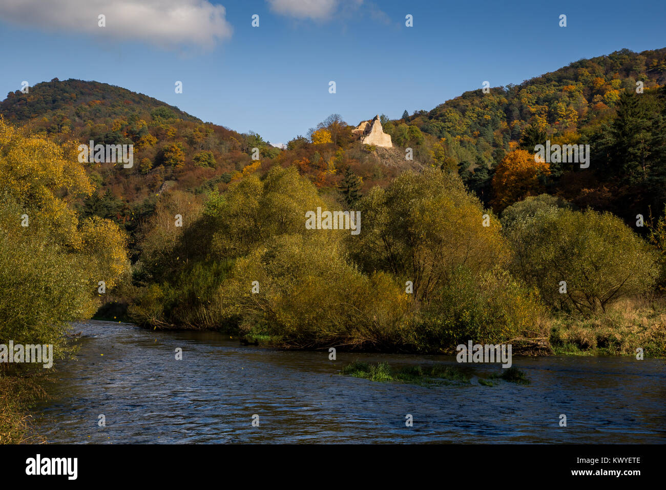 Herbst Tal mit bunten Wald und Fluss Stockfoto