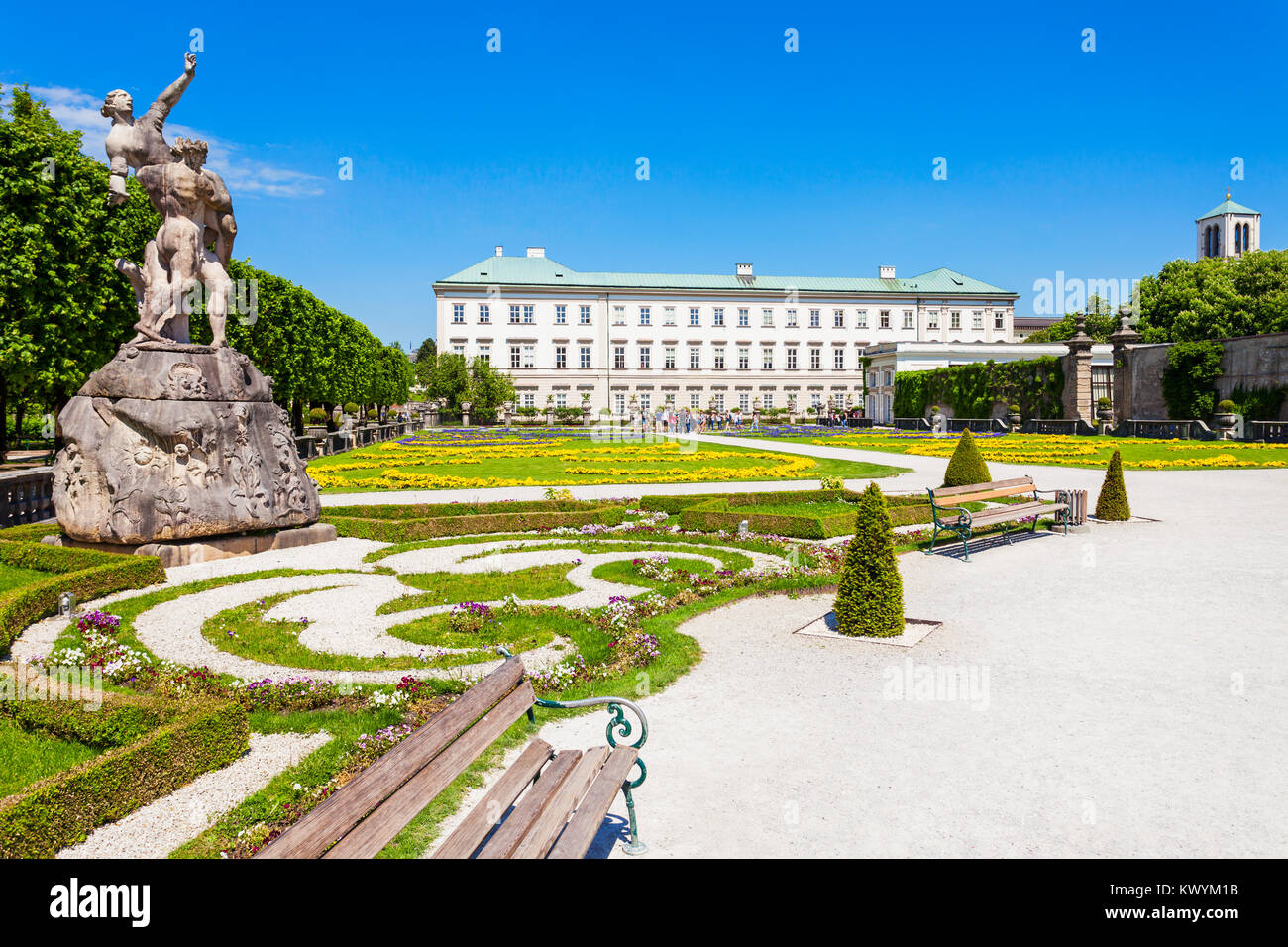 Schloss Mirabell oder Schloss Mirabell ist ein historisches Gebäude in der Stadt Salzburg, Österreich. Schloss Mirabell mit seinen Gärten ist ein UNESCO Weltkulturerbe S Stockfoto