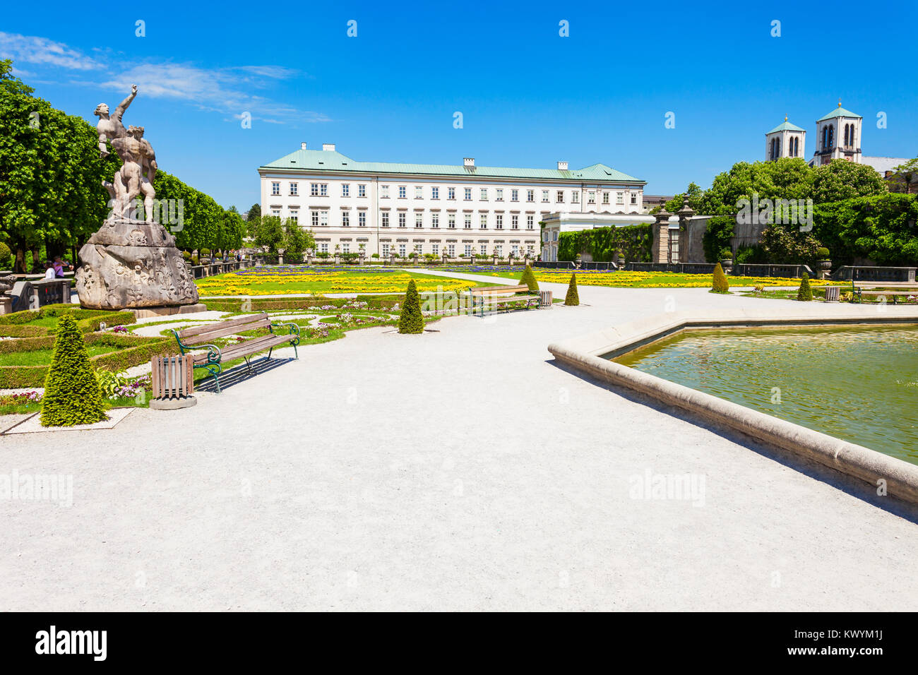 Schloss Mirabell oder Schloss Mirabell ist ein historisches Gebäude in der Stadt Salzburg, Österreich. Schloss Mirabell mit seinen Gärten ist ein UNESCO Weltkulturerbe S Stockfoto
