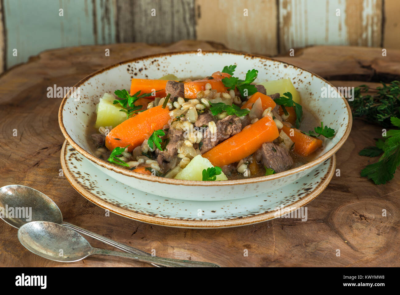 Traditionelle irische Eintopf mit Lammfleisch, Kartoffeln, Karotten und Gerste Stockfoto