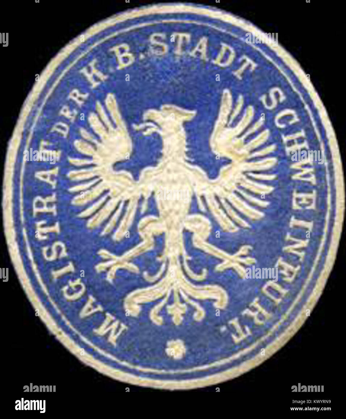 Siegel des Magistrats der Königlich Bayerischen Stadt Schweinfurt zur Beglaubigung von Stadt- und Regierungsdokumenten während des Bayerischen Königreichs. Sie spiegelt die administrative und politische Autorität der Stadt wider. Stockfoto