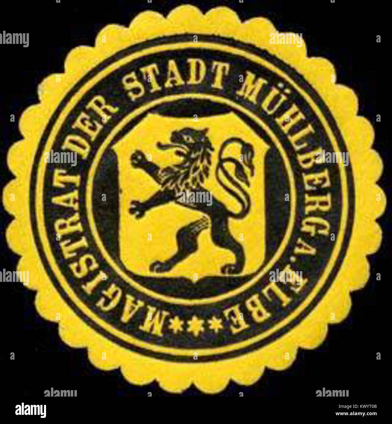 Ein Wachssiegel des Magistrats Mühlberg an der Elbe, das zur amtlichen Verwaltungs- und Rechtsdokumentation verwendet wurde. Stockfoto