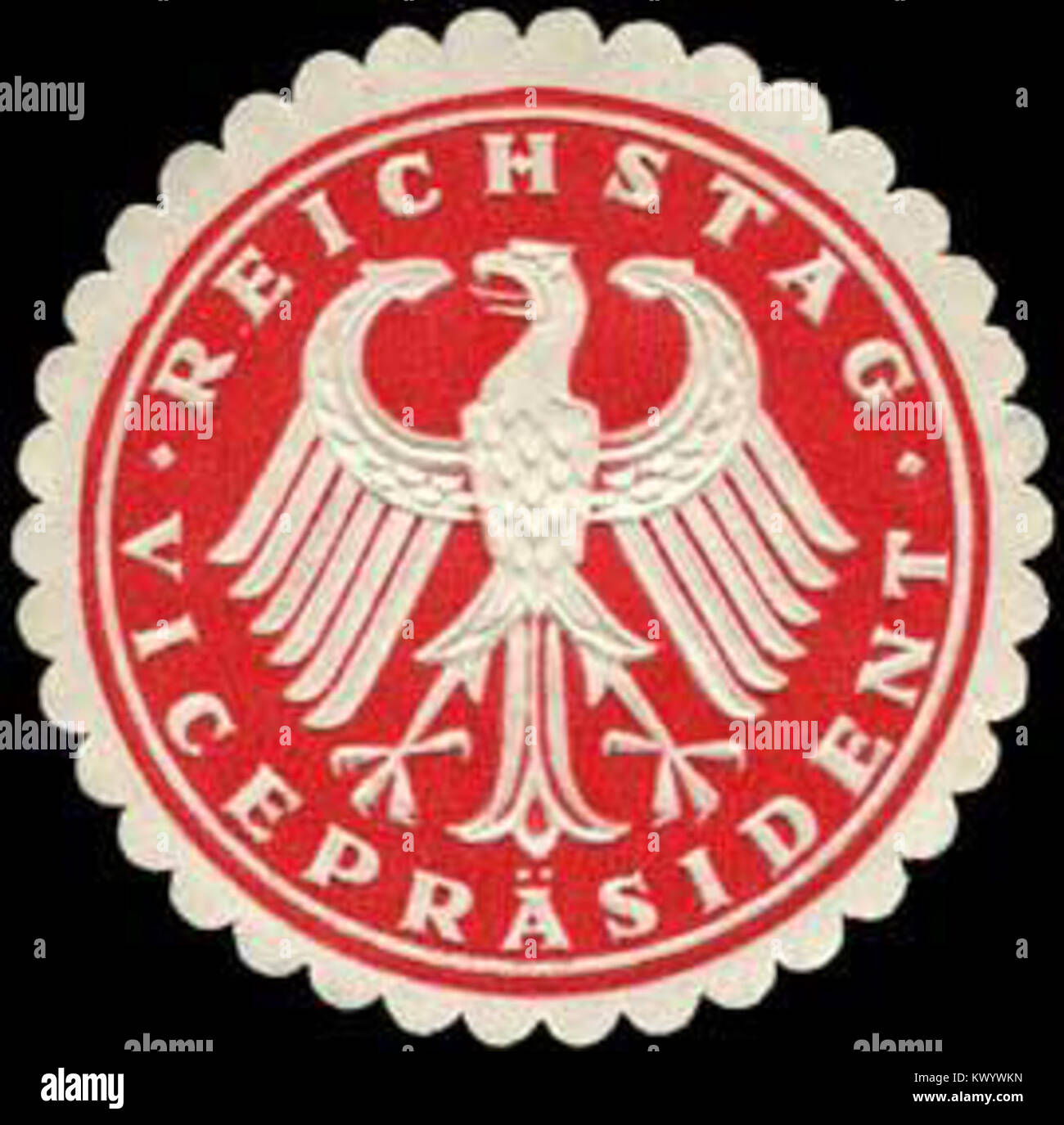 Dieses Siegel repräsentiert den Vizepräsidenten des Reichstags und symbolisiert die politische Struktur und Regierungsführung Deutschlands während des Deutschen Reiches, die für offizielle Dokumente und gesetzgeberische Funktionen verwendet wird. Stockfoto