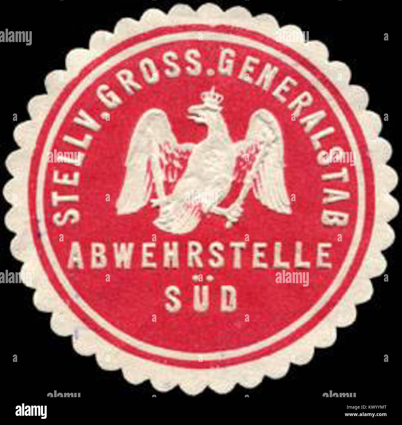 Dieses Siegel repräsentiert den stellvertretenden Generalstab (Stellv. Generalstab) des deutschen Militärs während des Zweiten Weltkriegs, verwandt mit der Abwehrstelle Süd, einer zentralen militärischen Geheimdienstabteilung. Stockfoto