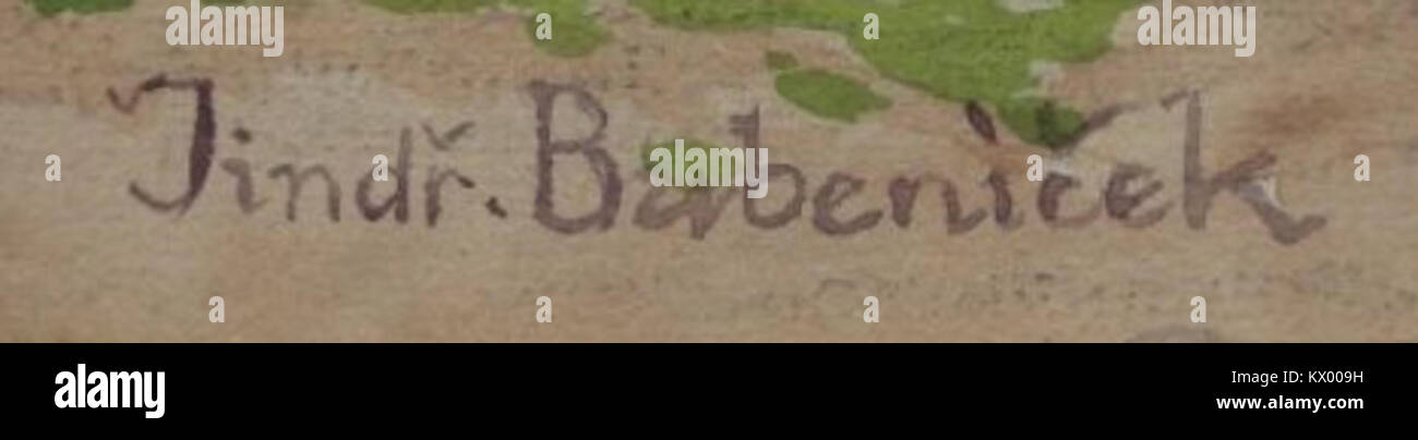 Signatura Jindřich Bubeníček ist die Signatur des tschechischen Malers Jindřich Bubeníček (1856–1935), der für seine Illustrationen und Gemälde bekannt ist. Die Signatur erscheint auf Werken des Künstlers. Stockfoto