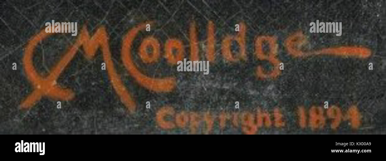 Dies ist die Signatur des amerikanischen Malers Cassius Marcellus Coolidge, der für seine Werke bekannt ist, in denen Hunde beim Pokerspielen dargestellt werden. Seine Unterschrift von 1894 ist ein Zeichen seines künstlerischen Vermächtnisses und seines Beitrags zur amerikanischen Kunst. Stockfoto