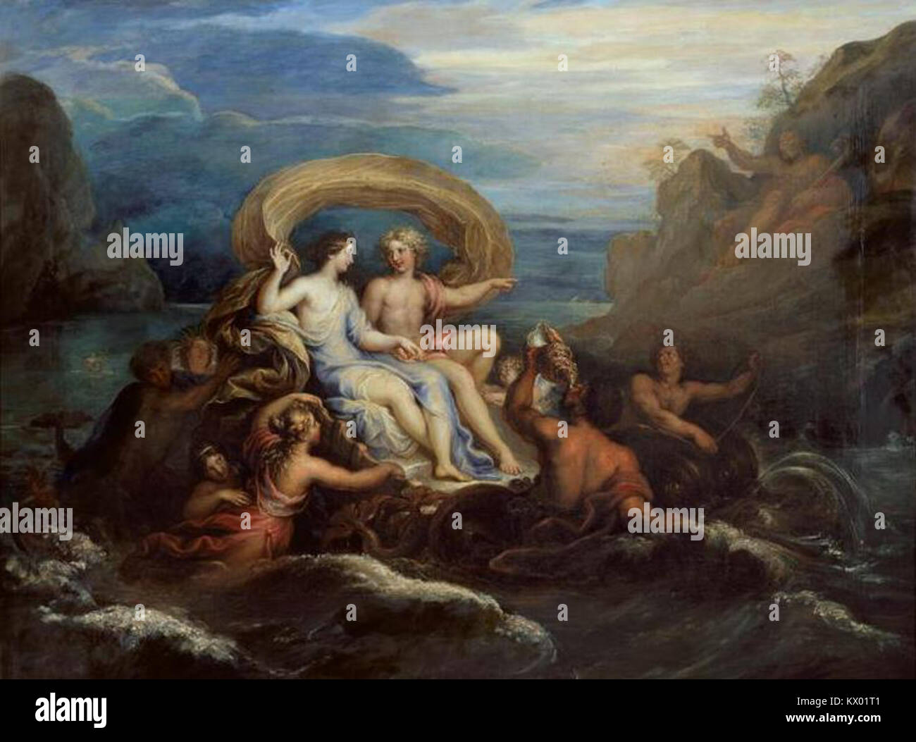 Das Kunstwerk „ACIS et Galatée“ von Michel Corneille zeigt die mythologische Erzählung von ACIS und Galatea, die den barocken künstlerischen Stil und die französische Maltradition des 17. Jahrhunderts repräsentiert. Stockfoto