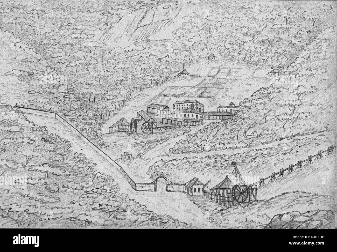 Eine Zeichnung von Ernst Hasenclever aus dem Jahr 1839, die die Gongo-Soco-Mine in Brasilien darstellt. Die Skizze erfasst Bergbauaktivitäten des 19. Jahrhunderts, Landschaft und industrielle Umgebung. Stockfoto