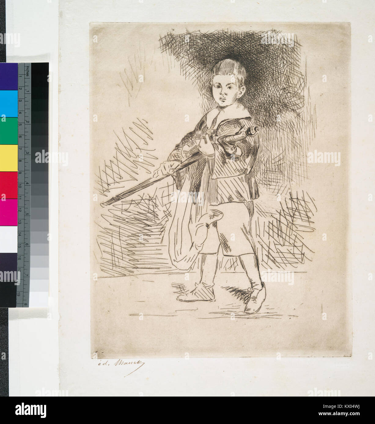 Dieses Kunstwerk „L'enfant à l'épée tournant à gauche“, zweite Variante, zeigt ein Kind, das ein nach links gedrehtes Schwert hält und Jugend, Haltung und symbolische Kraft betont. Stockfoto