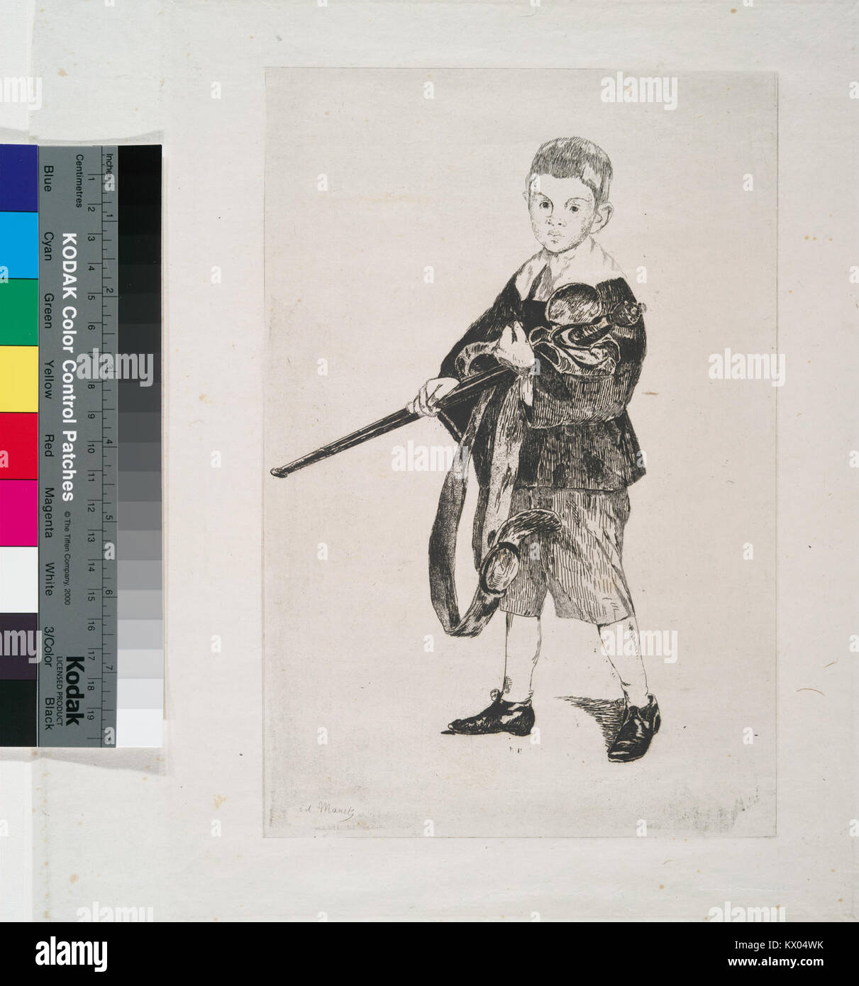 Dieses Kunstwerk zeigt ein Kind, das ein nach links gedrehtes Schwert hält und historische Kostüme und Porträtkonventionen in der bildenden Kunst veranschaulicht. Stockfoto