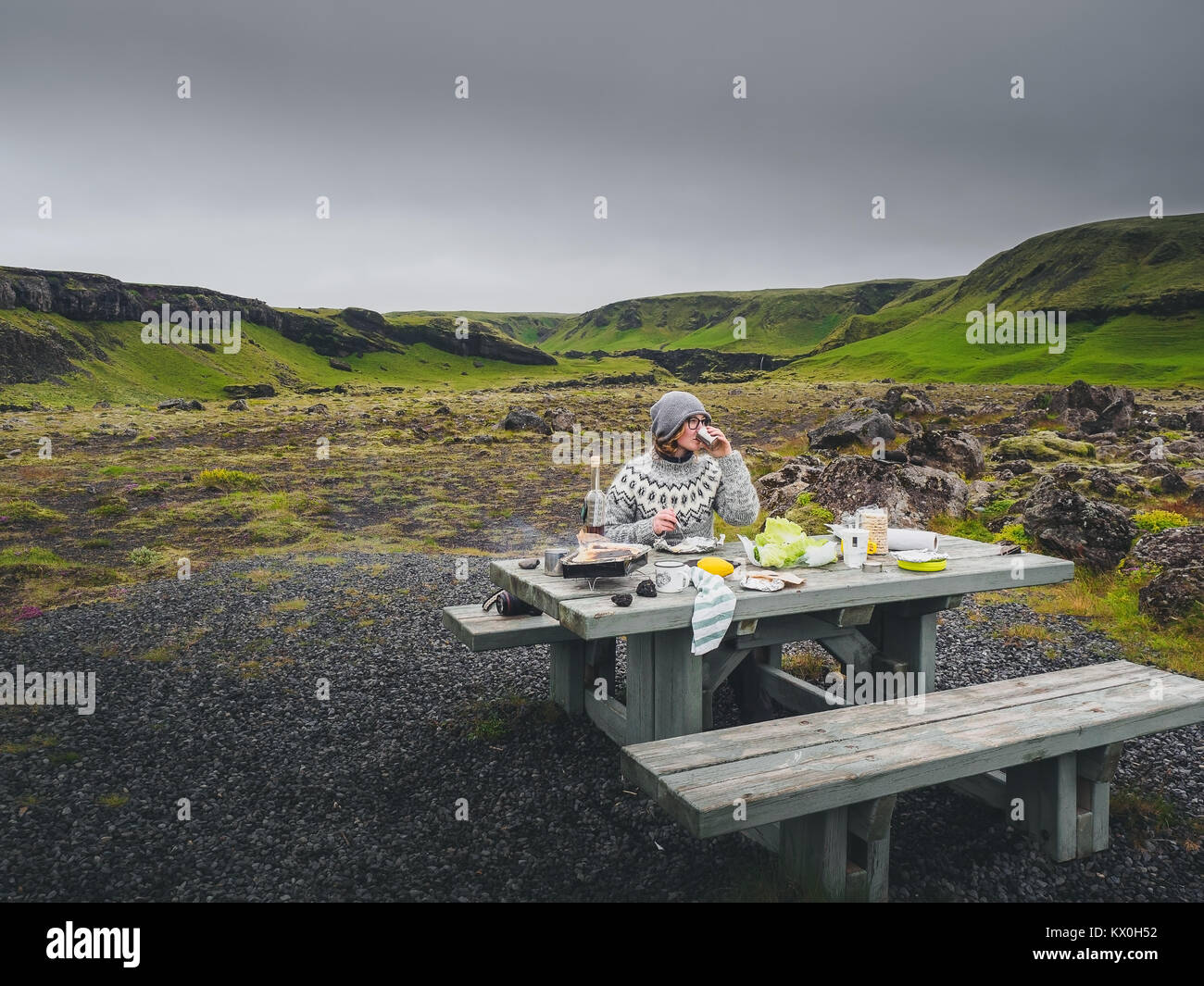 Mädchen in einem traditionellen isländischen Pullover bei einem Picknick mit einem malerischen Blick auf einem Hintergrund Stockfoto