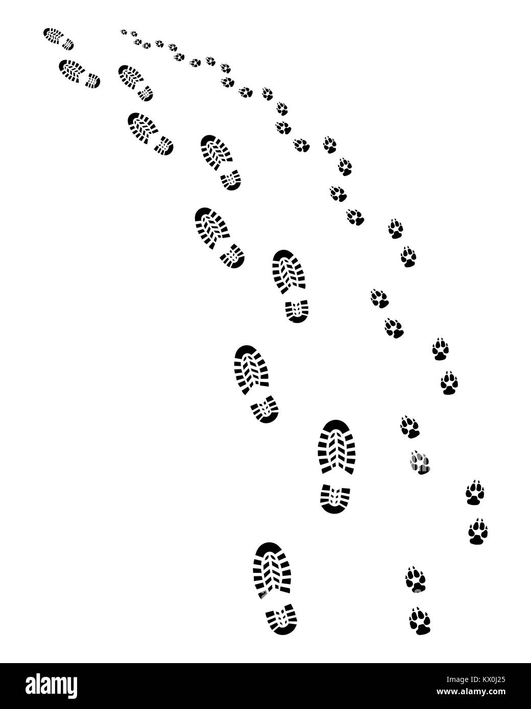 Spuren von Mensch und Hund, links abbiegen, Vektor Stockfoto