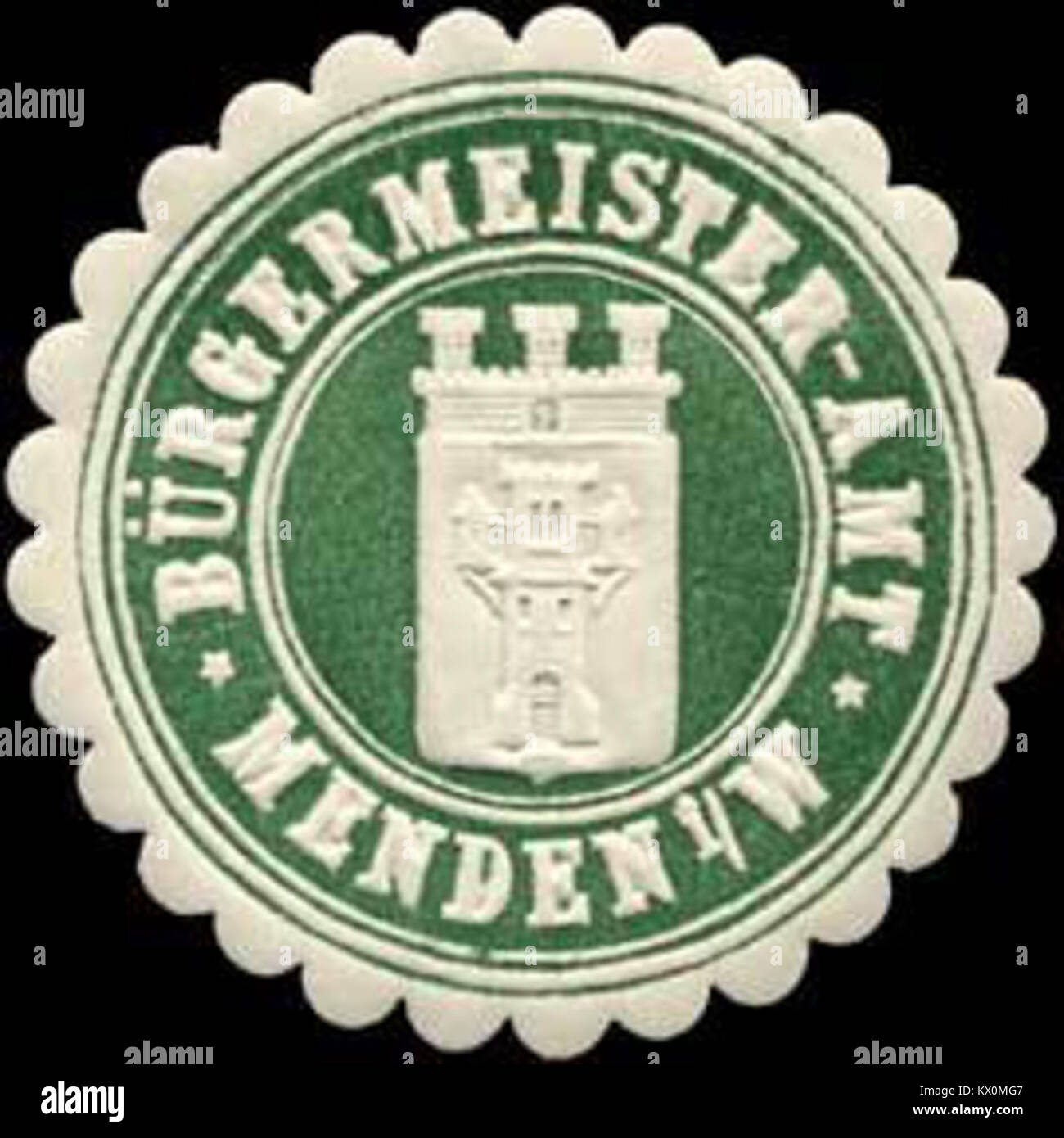 Dieses Siegelzeichen des Bürgermeisteramtes in Menden repräsentiert offizielle Dokumente und Verwaltungsfunktionen in der Stadtverwaltung des 19. Jahrhunderts. Stockfoto