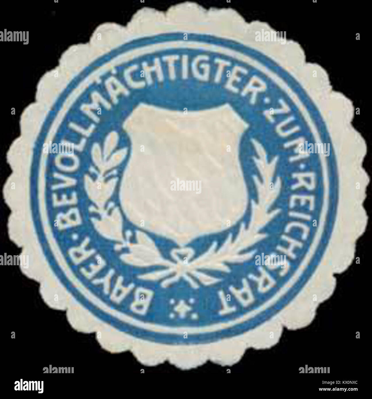 Dieses Siegelzeichen stellt den bayerischen Vertreter beim Reichsrat des Heiligen Römischen Reiches dar. Sie wurde zur Validierung von Dokumenten und zur Kennzeichnung der Beteiligung Bayerns an der Reichsgesetzgebung verwendet. Stockfoto