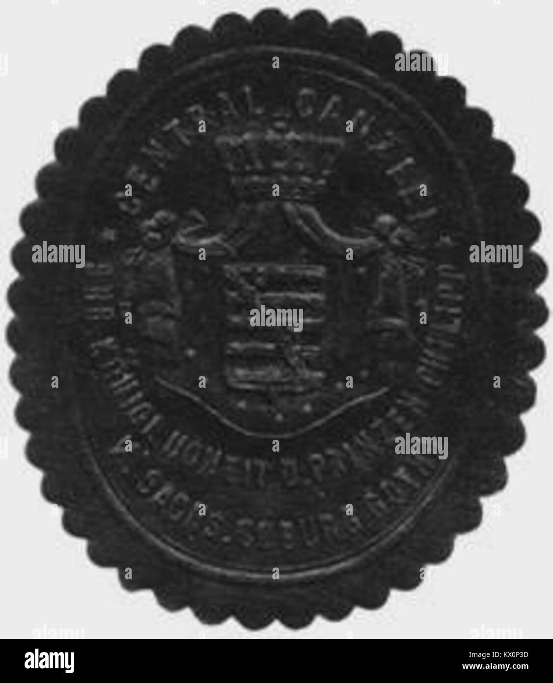 Dieses historische Siegel repräsentiert den Königlichen Hof von Prinz Philipp von Sachsen-Coburg-Gotha, ein deutsches Adelshaus, das zur amtlichen Dokumentation genutzt wurde und die königliche Autorität während der Monarchie symbolisiert. Stockfoto