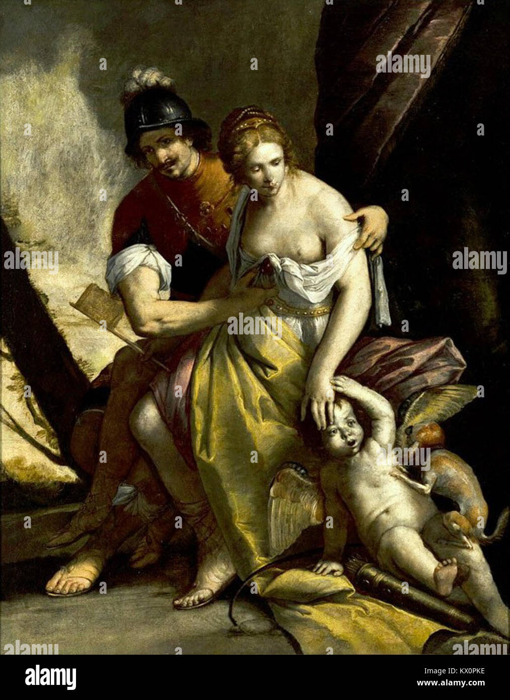 Mars und Venus ist ein Gemälde von Simone Cantarini, einer italienischen Barockkünstlerin, das mythologische Figuren Mars und Venus in einem künstlerischen Stil des 17. Jahrhunderts darstellt. Stockfoto