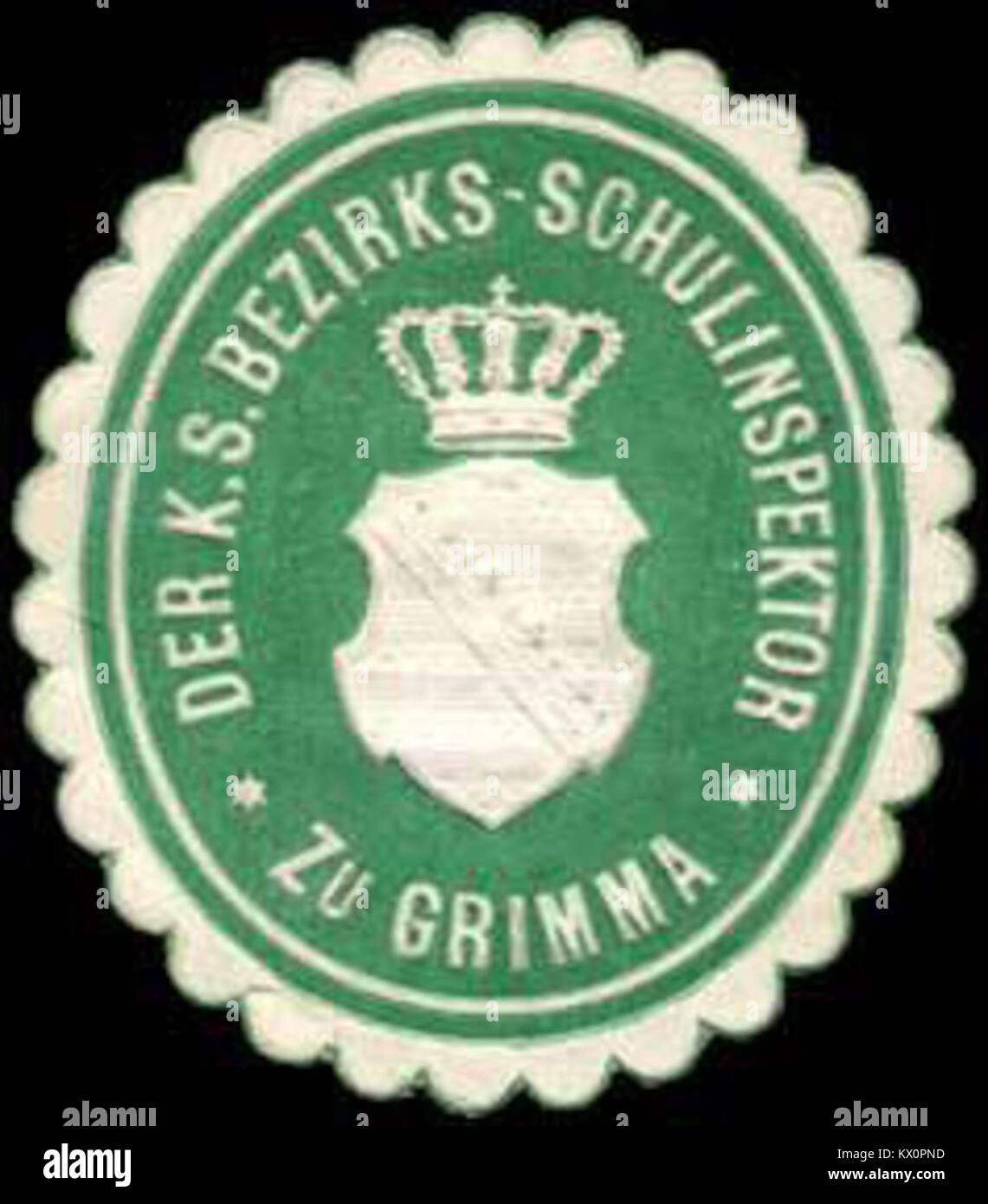 Dieses Siegel wurde vom Königlich Sächsischen Bezirksschulinspektor in Grimma verwendet, um offizielle Bildungsdokumente zu beglaubigen. Sie repräsentiert die Regierungsführung des Bildungswesens im Sachsen des 19. Jahrhunderts. Stockfoto