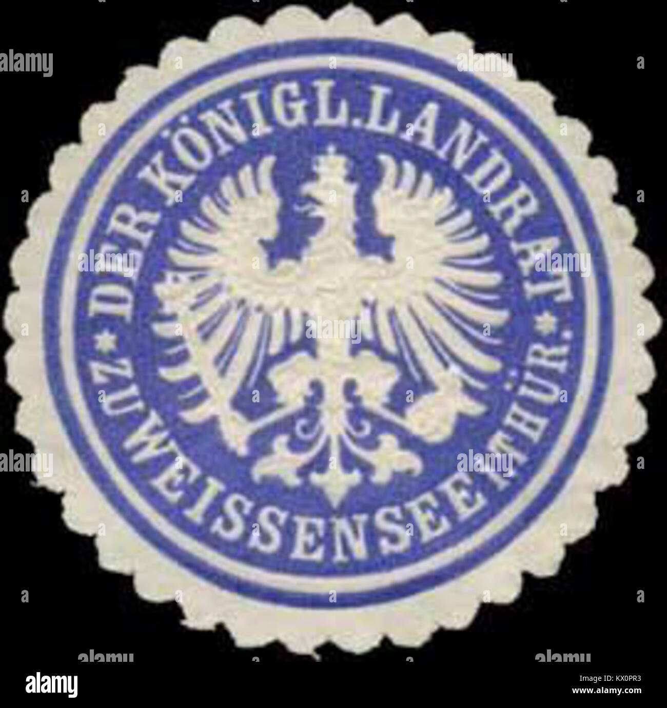 Dieses Dokument zeigt die Siegelmarke des K. Landrats von Weissensee, Thüringen, mit regionalen historischen Symbolen und amtlichen Siegel. Stockfoto