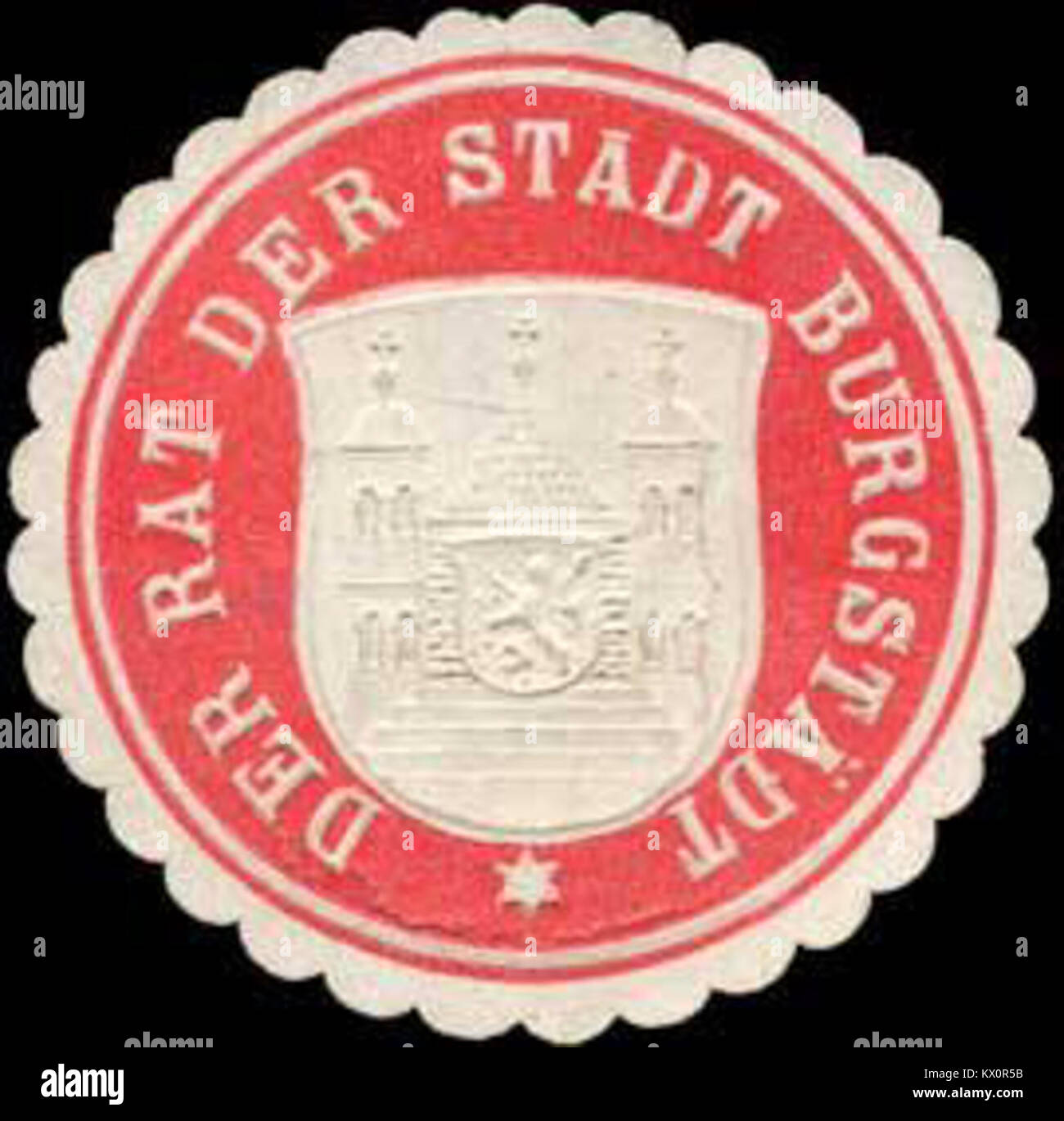 Siegelmarke repräsentiert den Rat der Stadt Burgstädt und symbolisiert die lokale Verwaltung und Autorität des stadtrates in historischer Zeit. Stockfoto