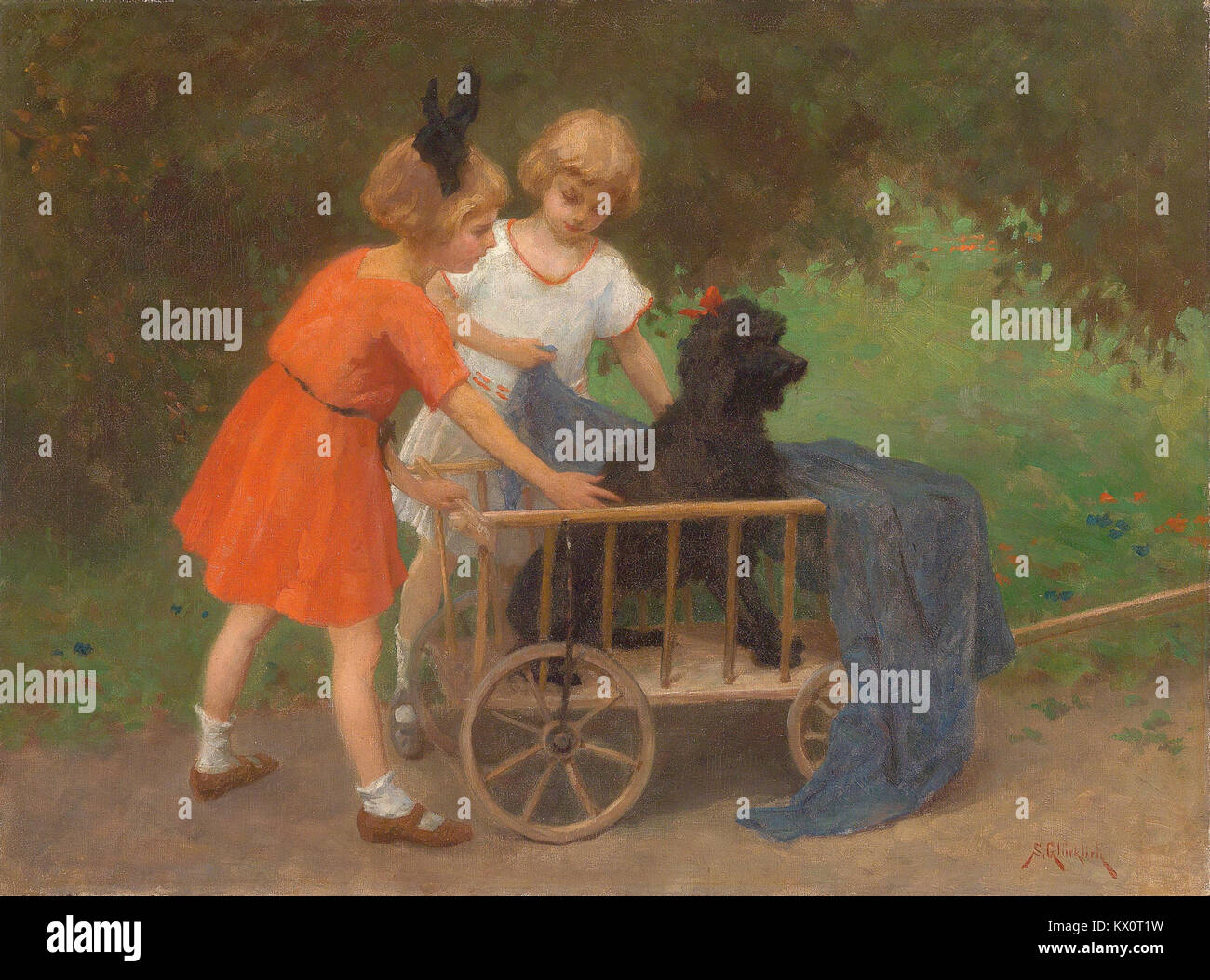 Simon Glücklichs Gemälde „Geduldiger Spielgefährte“ stellt einen geduldigen Begleiter dar und hebt die tiefe Verbindung zwischen dem Motiv und seinem Partner hervor. Das Werk spiegelt Glücklichs Fähigkeit wider, emotionale Tiefe und menschliche Verbindung zu erfassen. Stockfoto