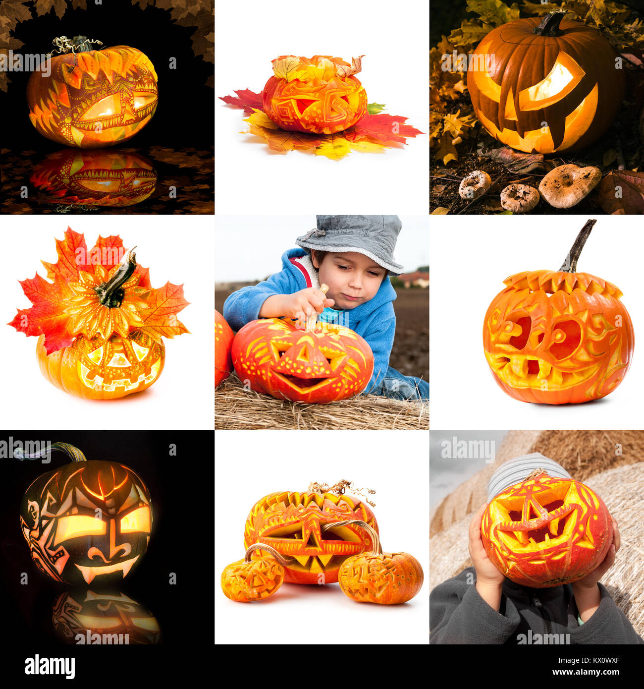 Halloween Kürbisse in und aus dem Zusammenhang, collage Stockfoto
