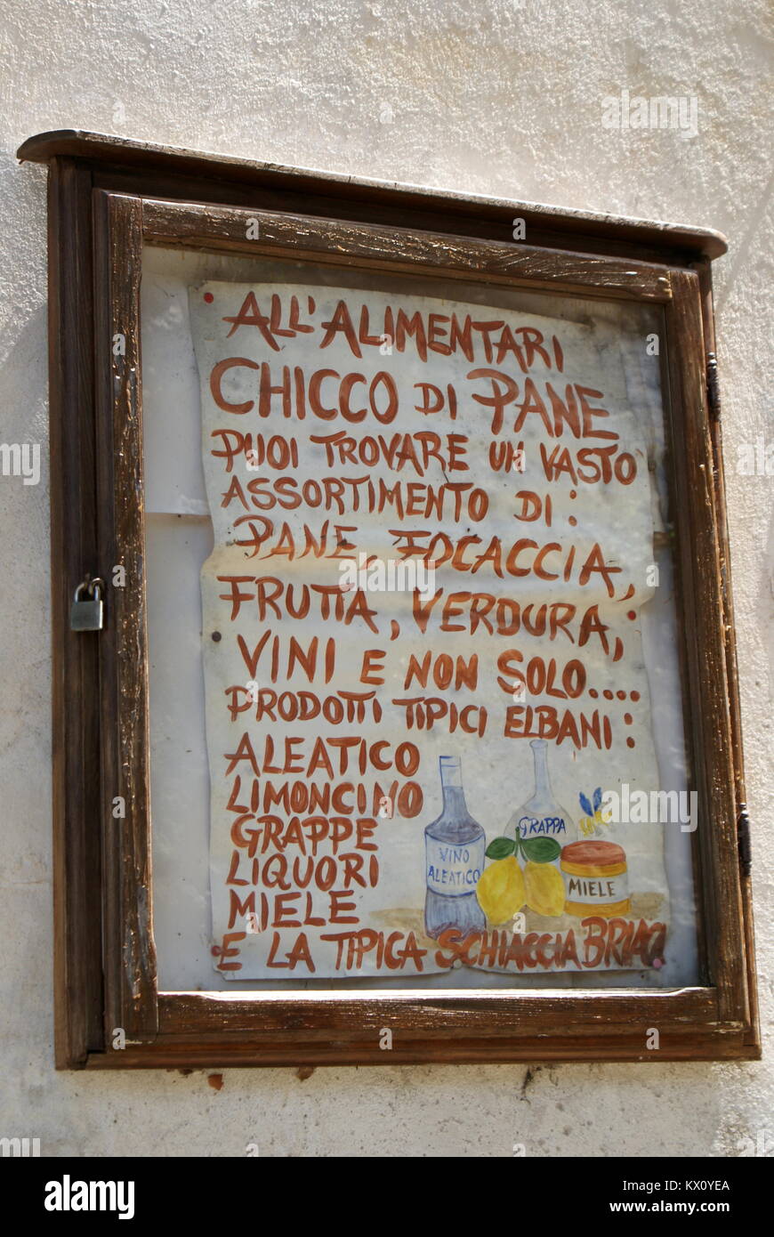 Chicco di Bereich handbemalt Shop anmelden Werbung für den Verkauf von lokalen Produkten, Marciana, Elba, Italien Stockfoto