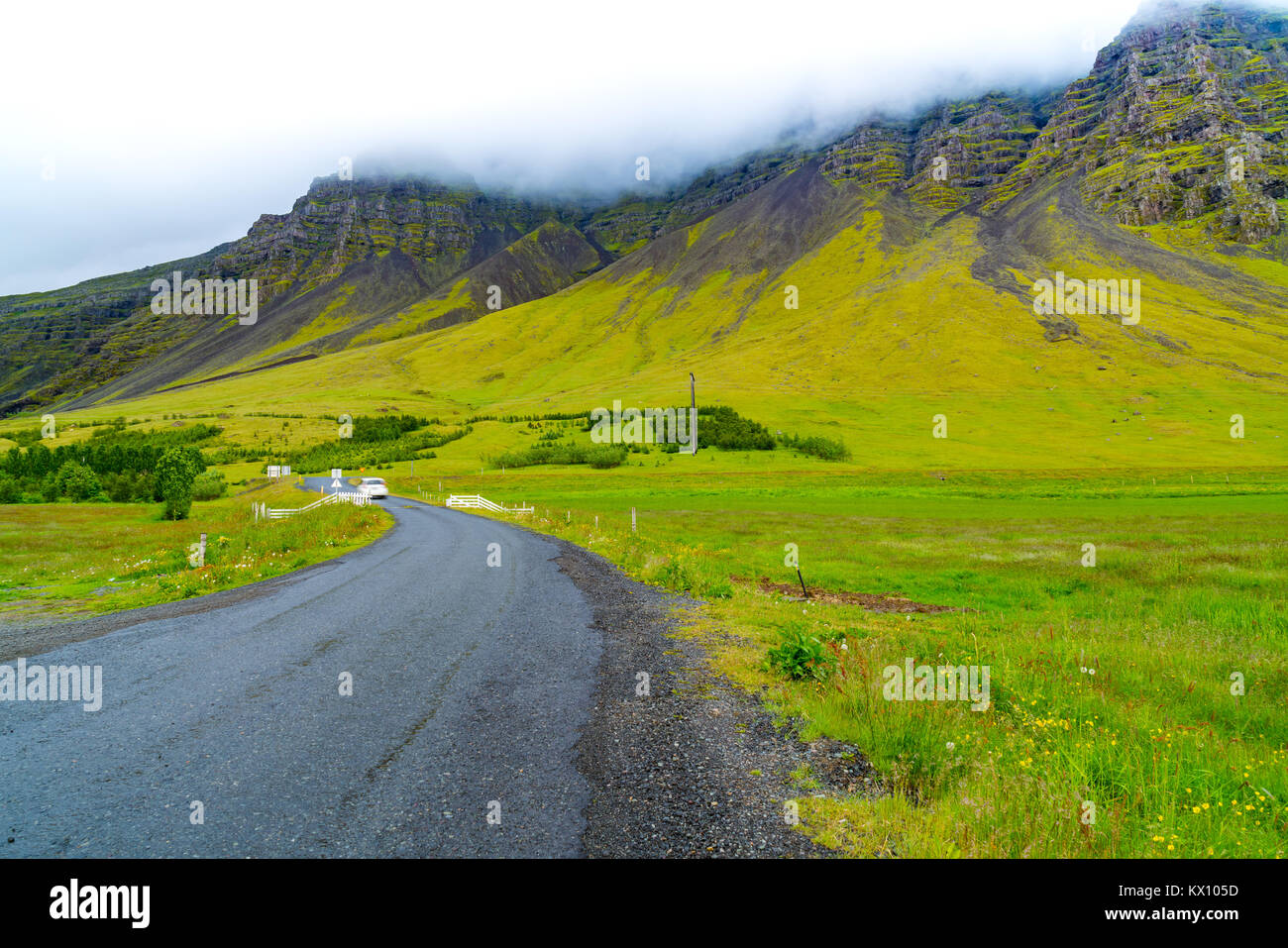 Schöne Landschaft des hohen Berg und Wiese mit Straße in Island Stockfoto